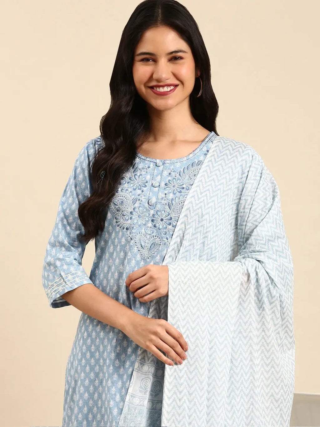 Women's Blue Printed Thread Work Kurta Set with Dupatta