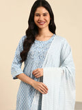Women's Blue Printed Thread Work Kurta Set with Dupatta