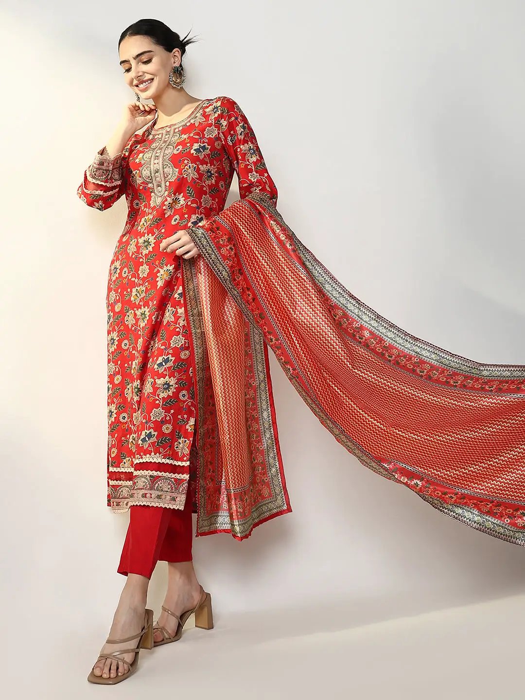 Women's Floral Red Straight Kurta Set with Dupatta