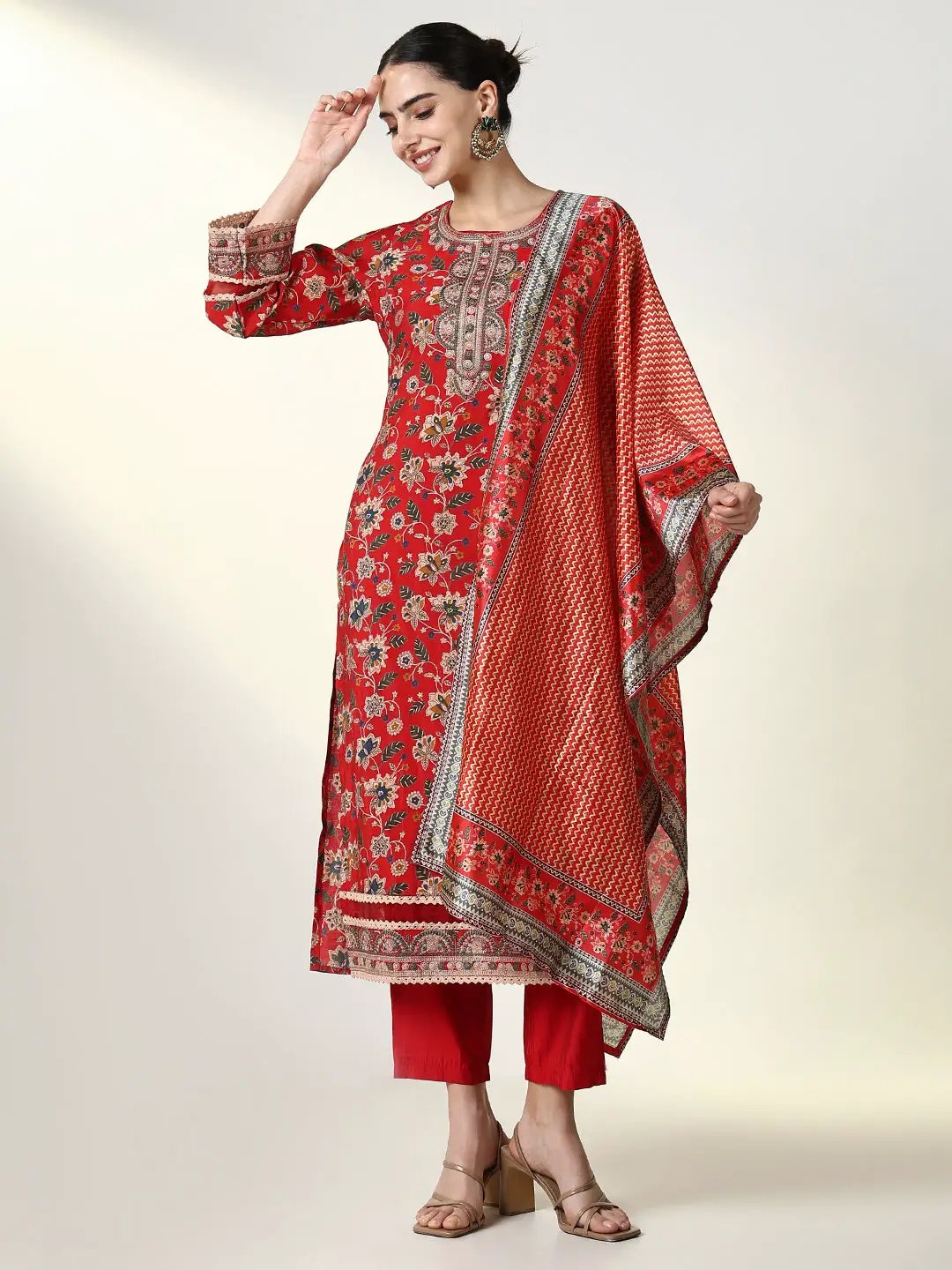 Women's Floral Red Straight Kurta Set with Dupatta