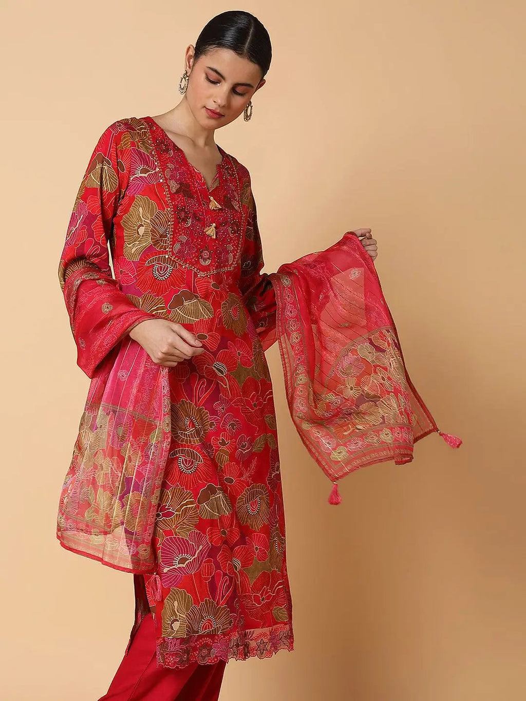 Women's Ethnic Floral Red Straight Kurta Set with Dupatta