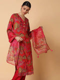 Women's Ethnic Floral Red Straight Kurta Set with Dupatta