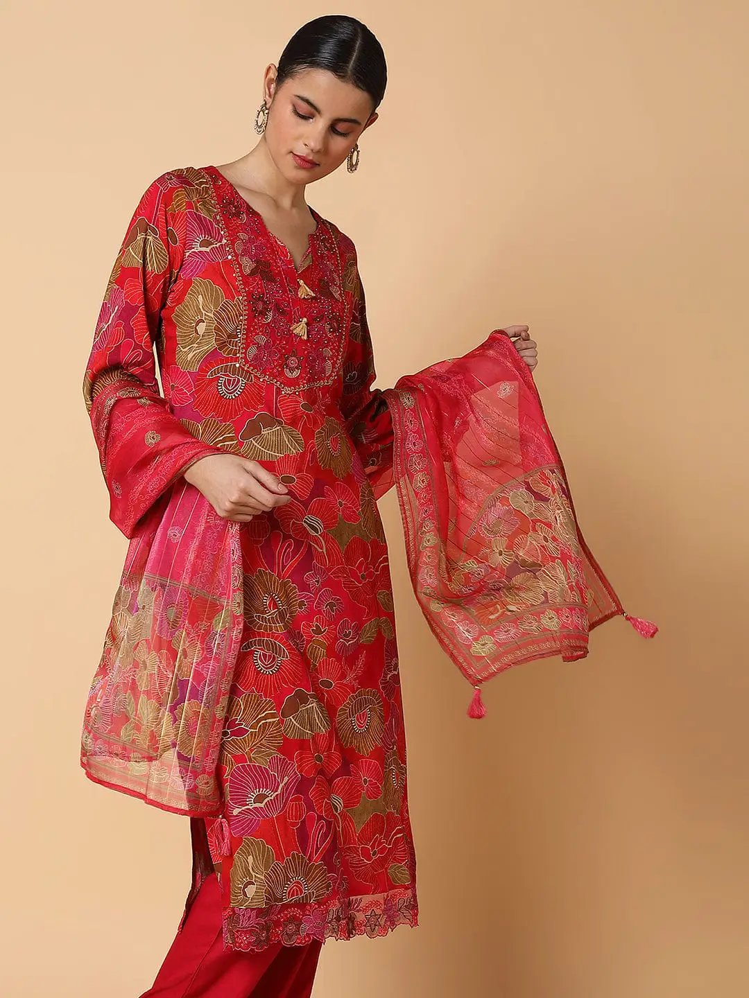 Women's Ethnic Floral Red Straight Kurta Set with Dupatta