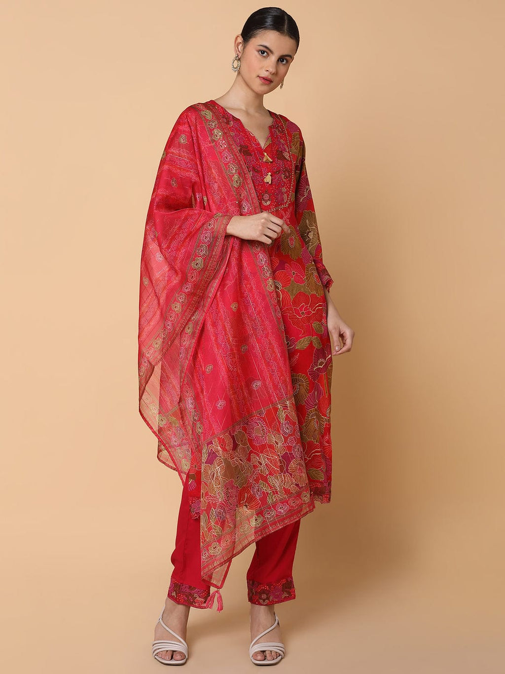 Women's Ethnic Floral Red Straight Kurta Set with Dupatta