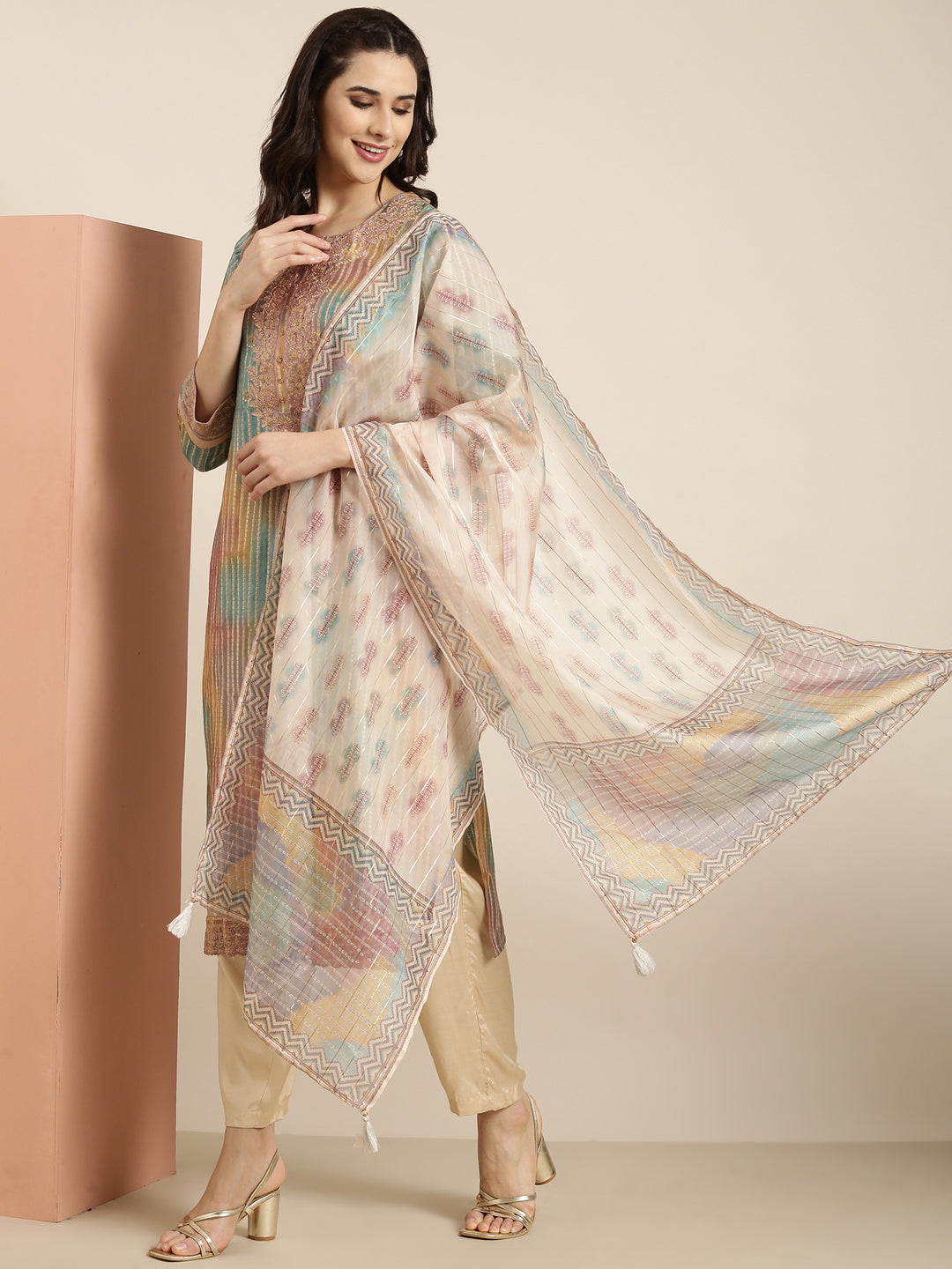 Women's Straight Multi Striped Kurta Sets with Trousers & Dupatta