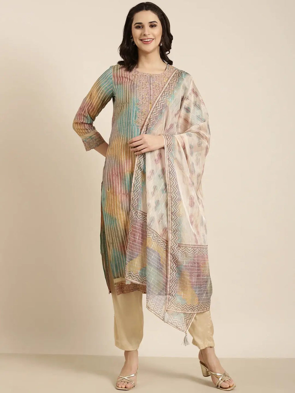 Women's Straight Multi Striped Kurta Sets with Trousers & Dupatta