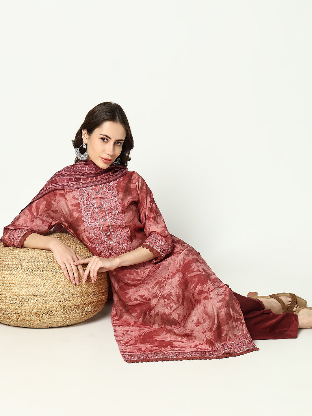 Women's Floral Maroon Kurta Set with Dupatta