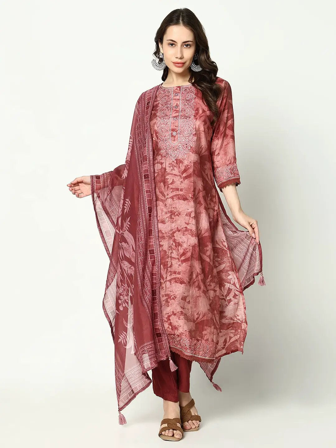 Women's Floral Maroon Kurta Set with Dupatta