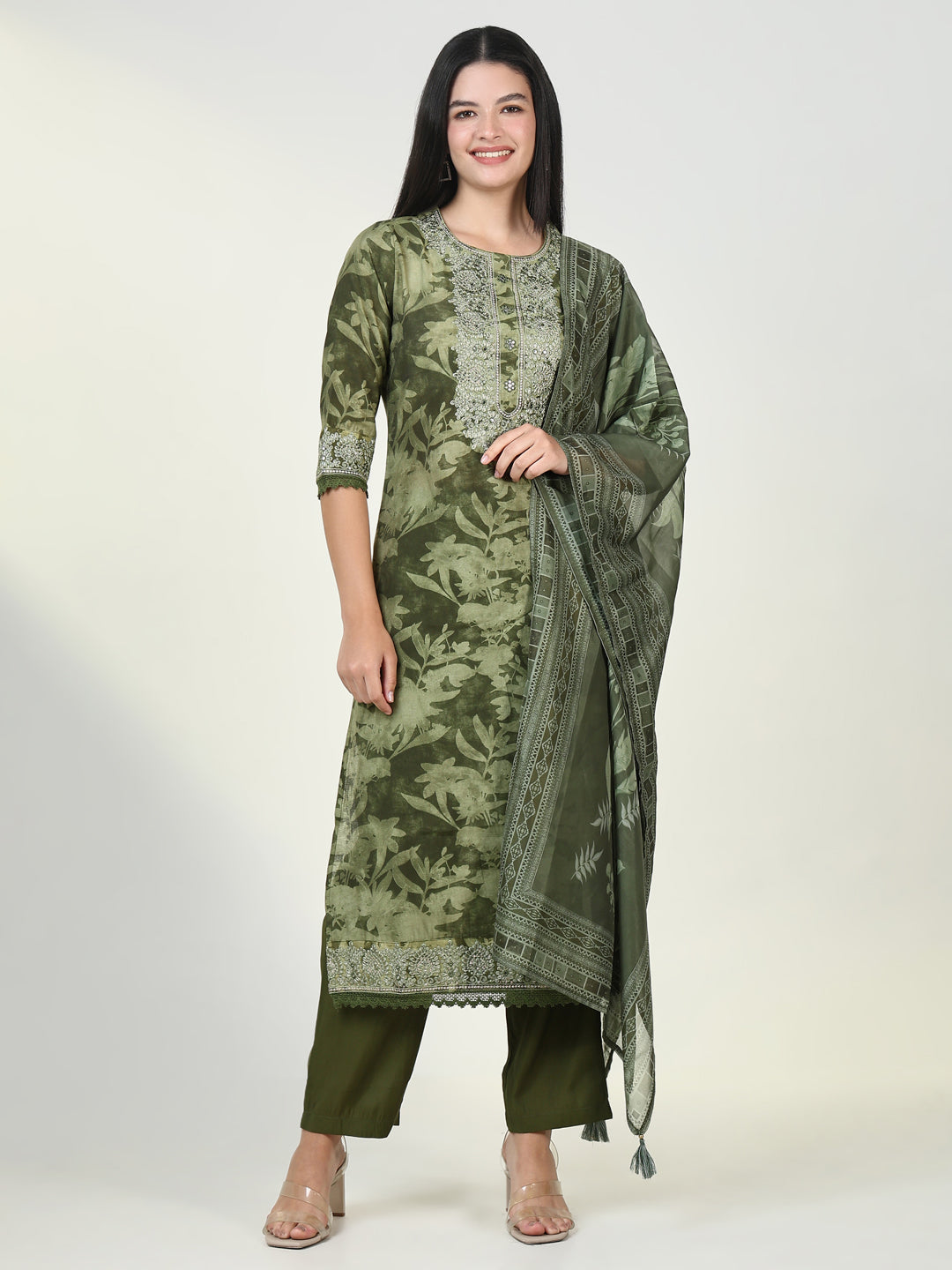 Women's Floral Prints Green Kurta Set with Dupatta