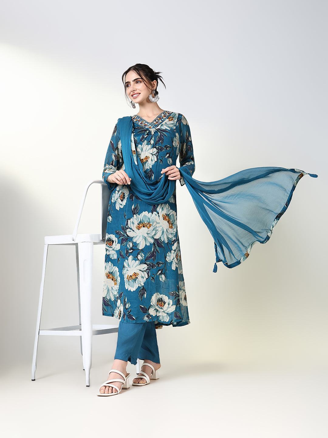 Women's Printed Floral Blue Anarkali Kurta Set with Dupatta