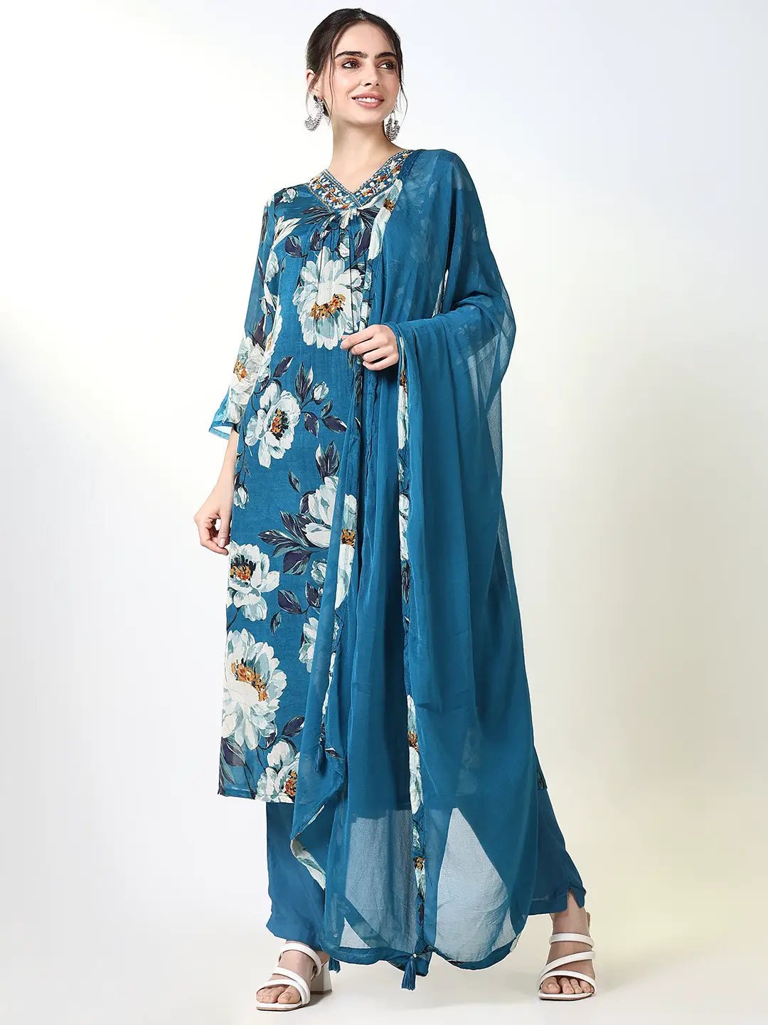 Women's Printed Floral Blue Anarkali Kurta Set with Dupatta