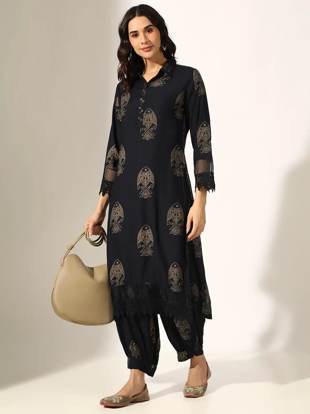 Women's Printed Navy Blue Kurta Set with Dhoti Pants