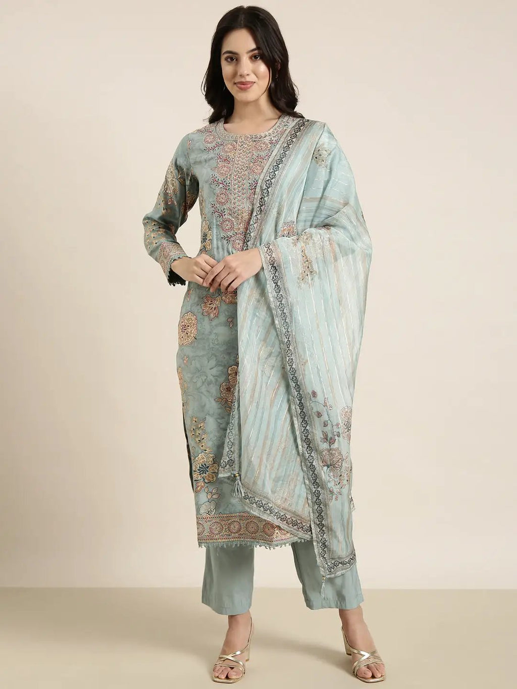 Women's Straight Sea Green Solid Kurta Sets with Trousers & Dupatta