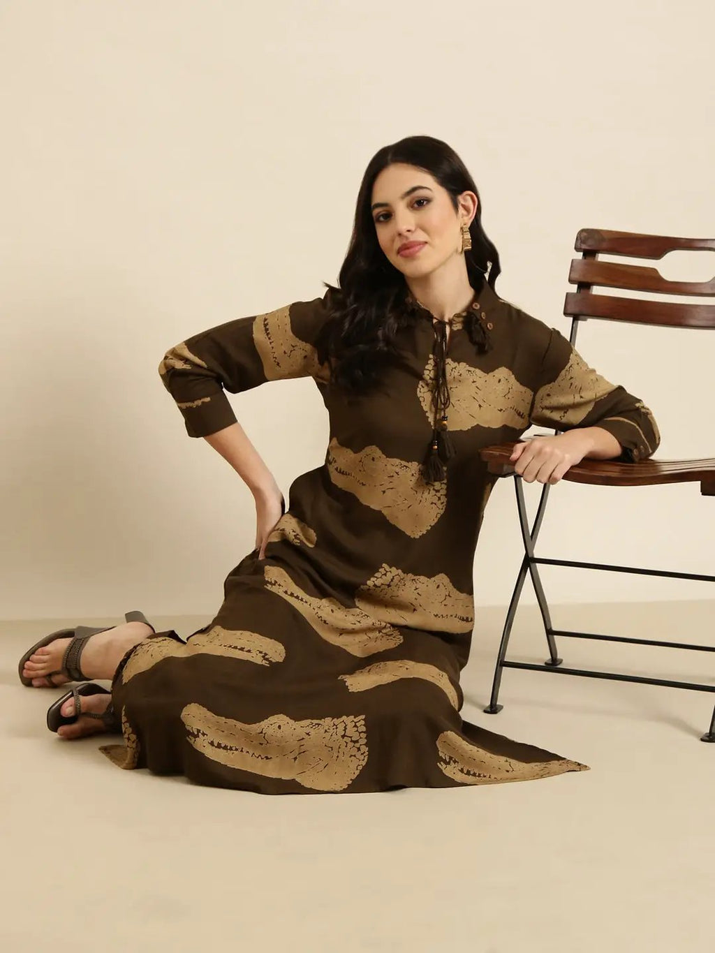 Women's Straight Olive Animal Kurta Sets With Patiala