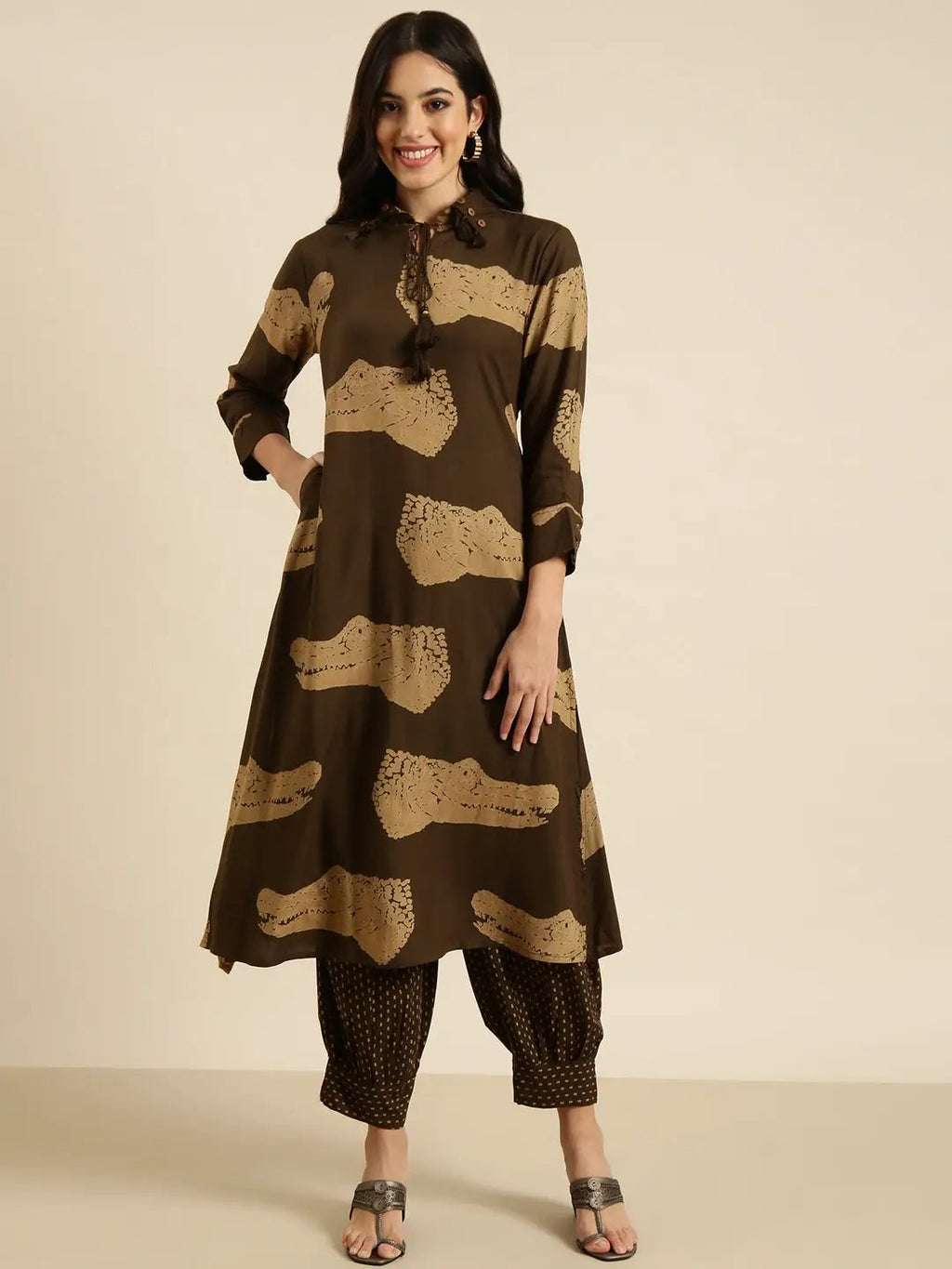Women's Straight Olive Animal Kurta Sets With Patiala
