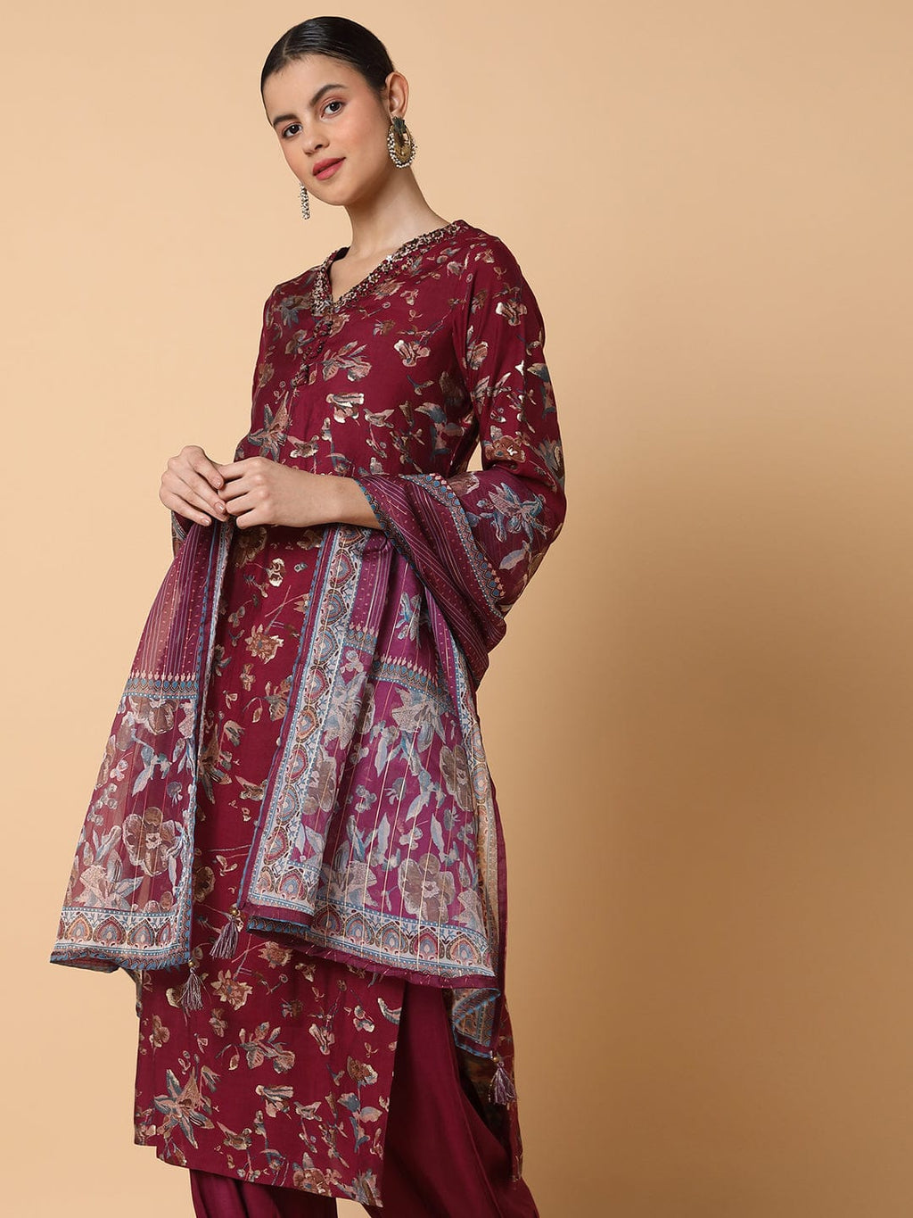 Women's Floral Burgundy Kurta Set with Dupatta