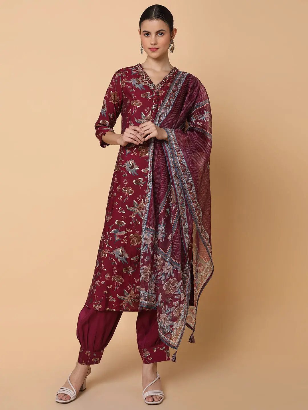 Women's Floral Burgundy Kurta Set with Dupatta