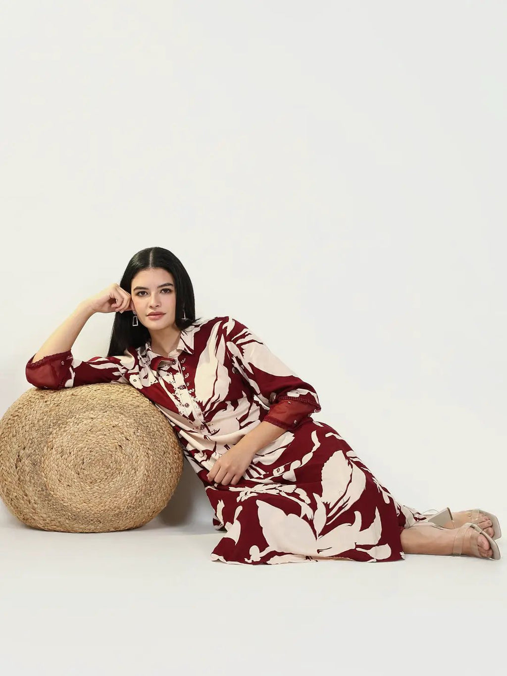Women's Floral Maroon Straight Kurta Set