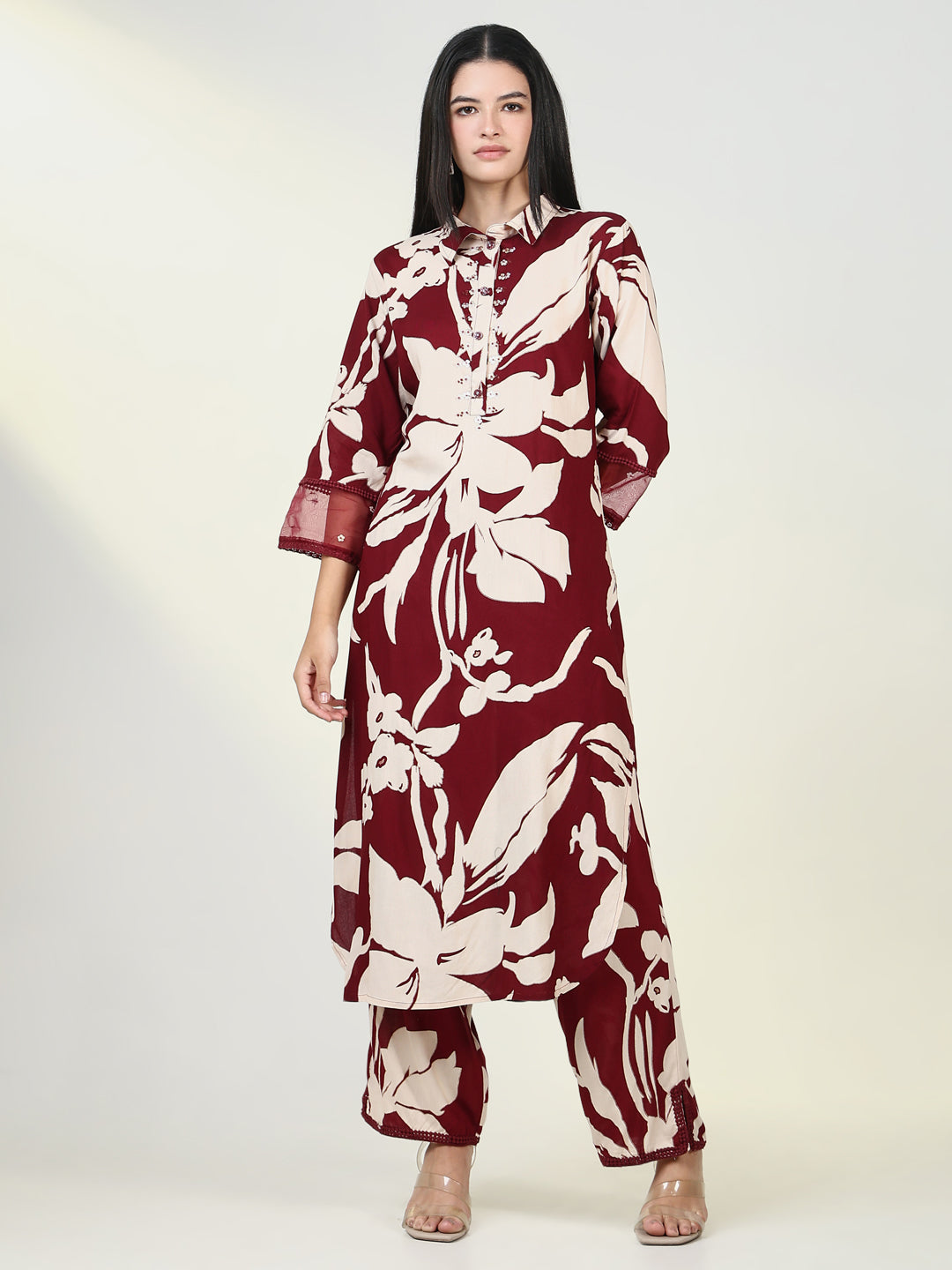 Women's Floral Maroon Straight Kurta Set