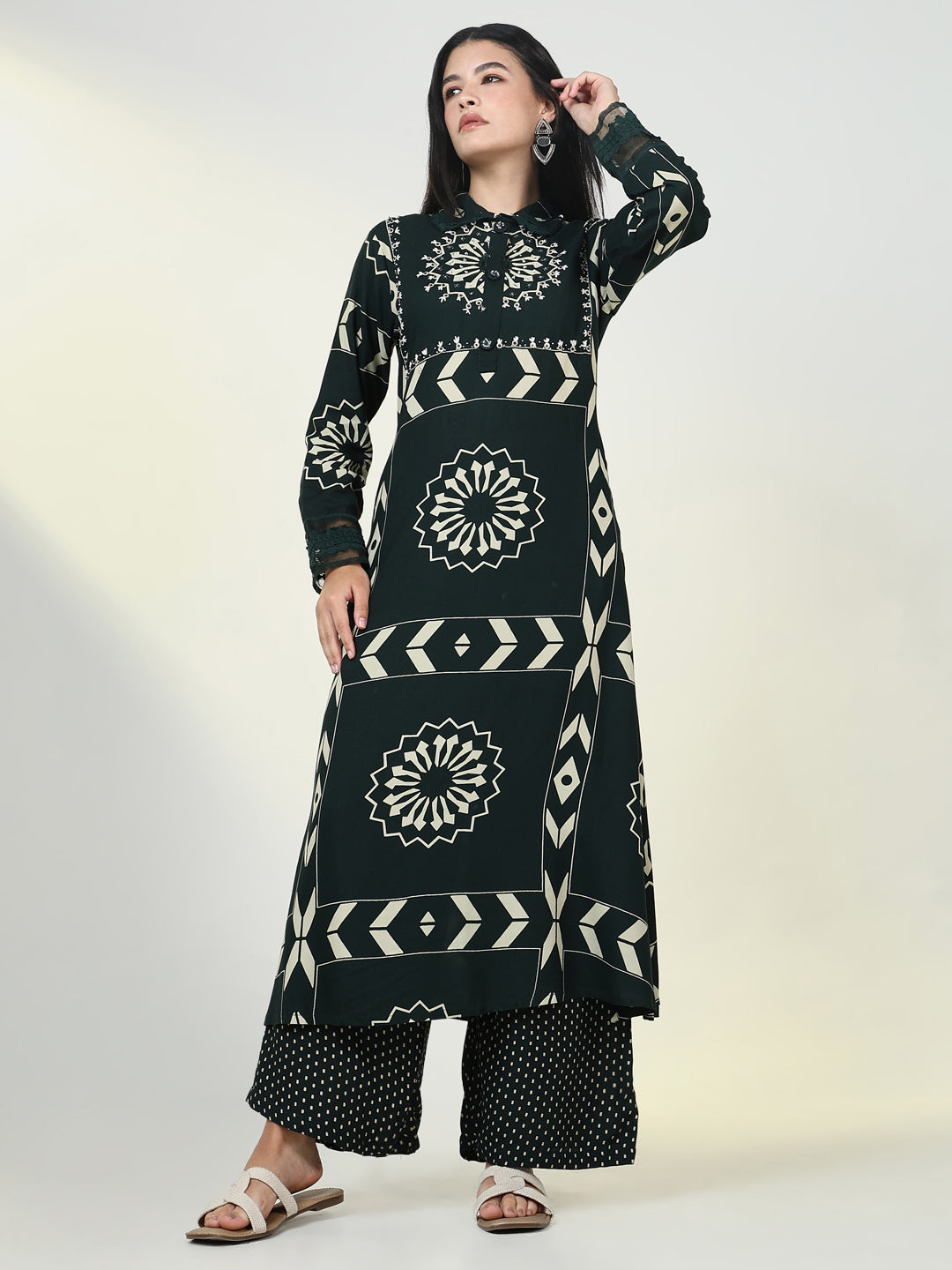 Women's Graphic Green A Line Kurta Set
