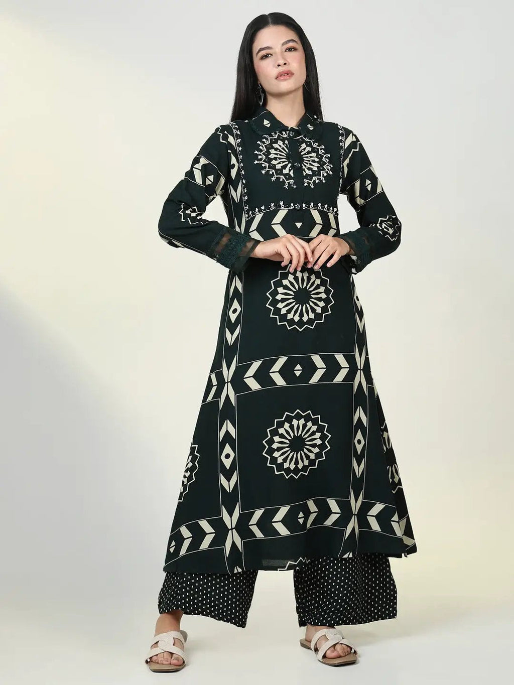 Women's Graphic Green A Line Kurta Set