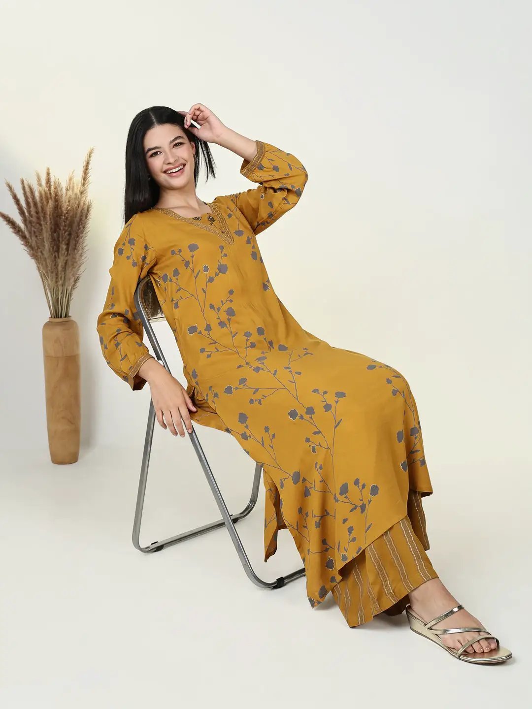 Women's Floral Mustard A Line Kurta Set