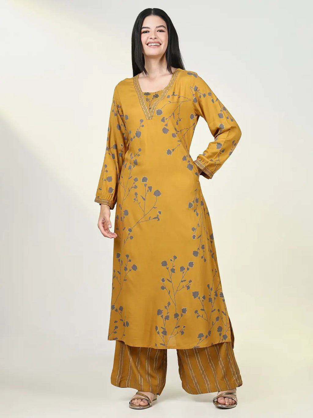 Women's Floral Mustard A Line Kurta Set