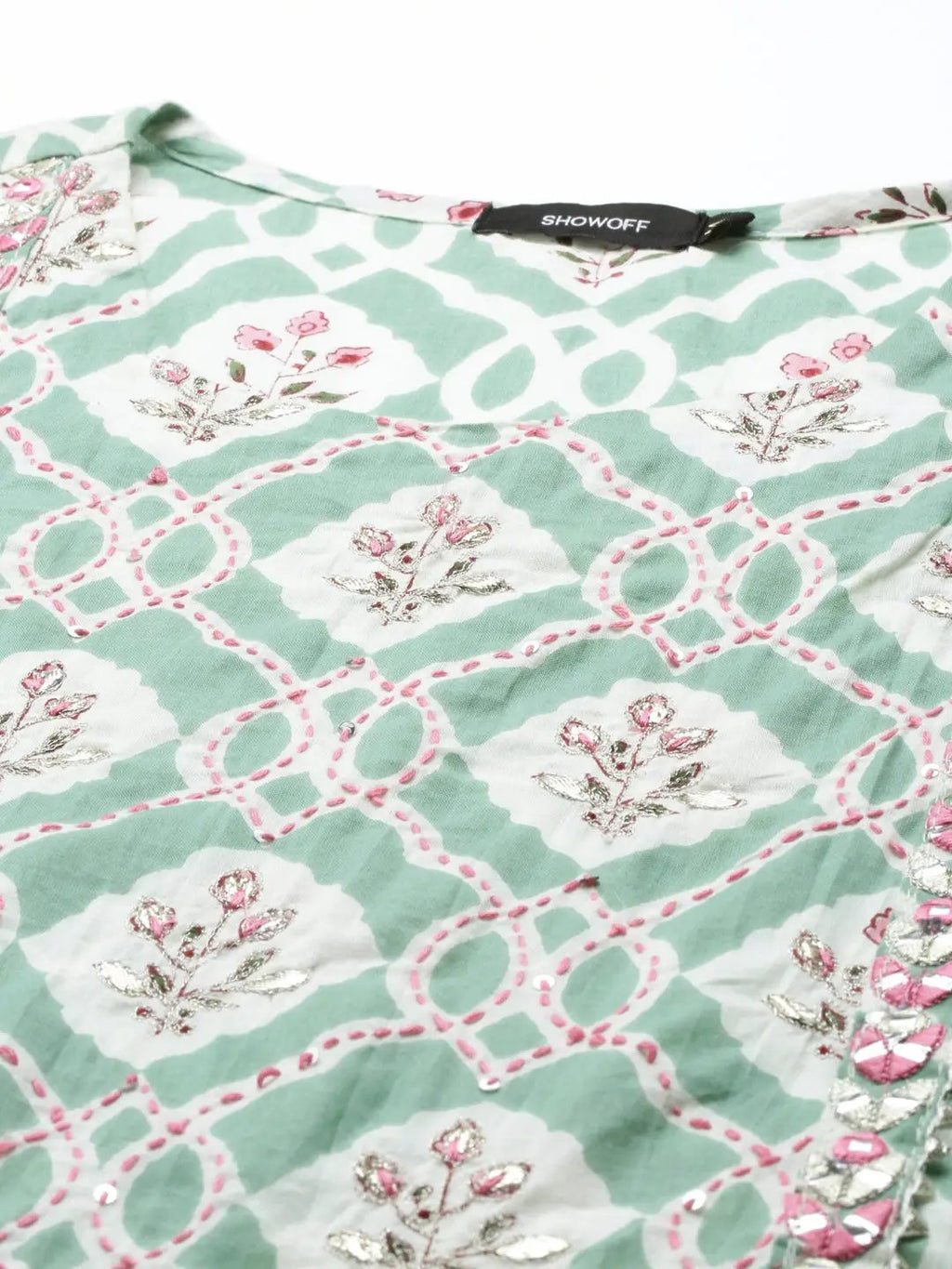 Women's Sea Green Floral Printed Cotton Anarkali Kurta