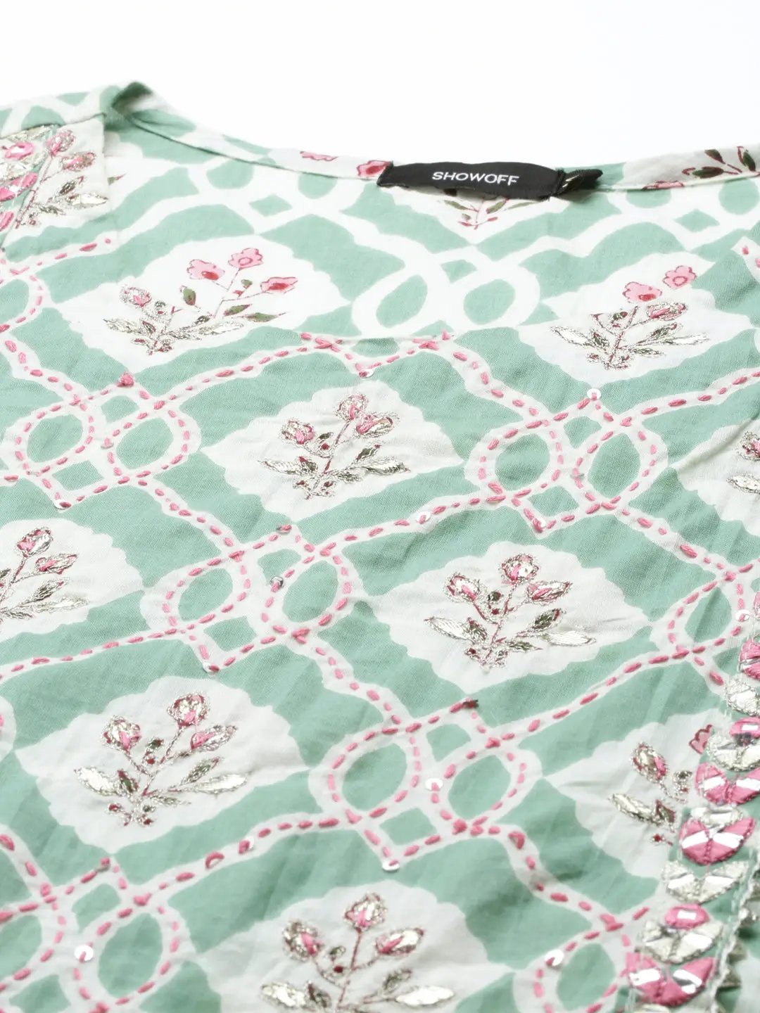 Women's Sea Green Floral Printed Cotton Anarkali Kurta