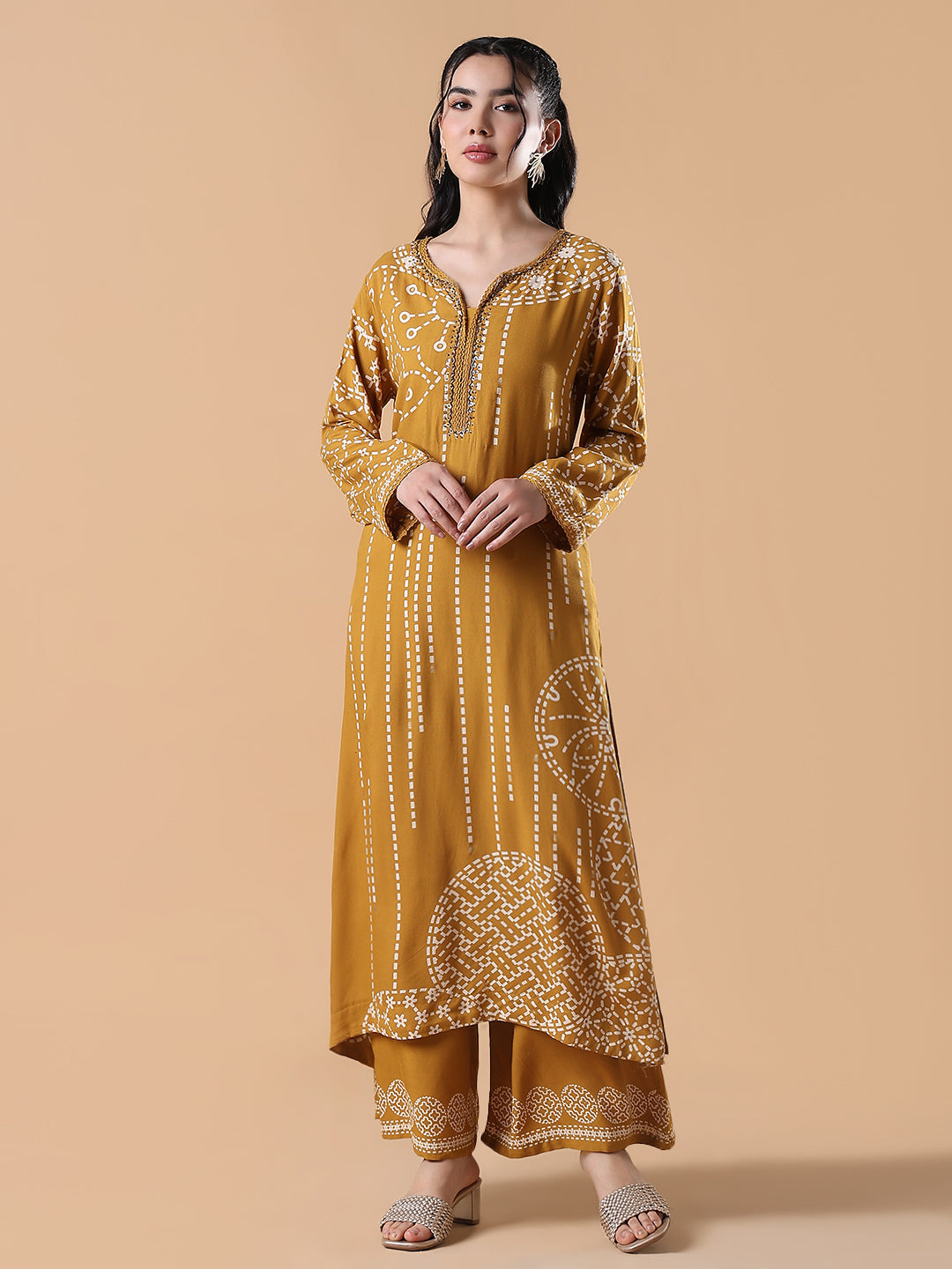 Women's Ethnic Motifs A-Line Mustard Kurta Set