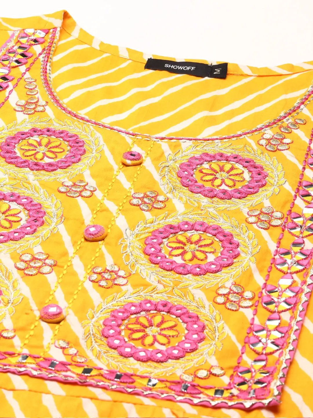 Women's Yellow Embellished Gotta Patti Anarkali Cotton Kurta