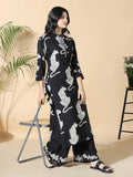 Women's Animal Print Straight Black Kurta with Palazzos