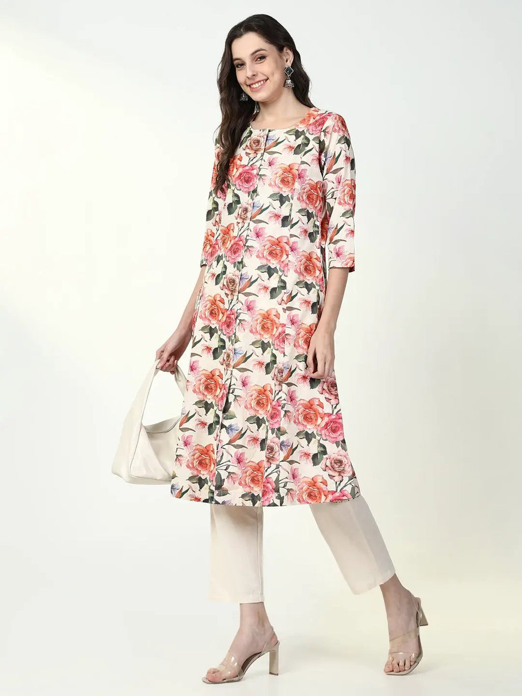 Women's Floral Orange A Line Kurta Set