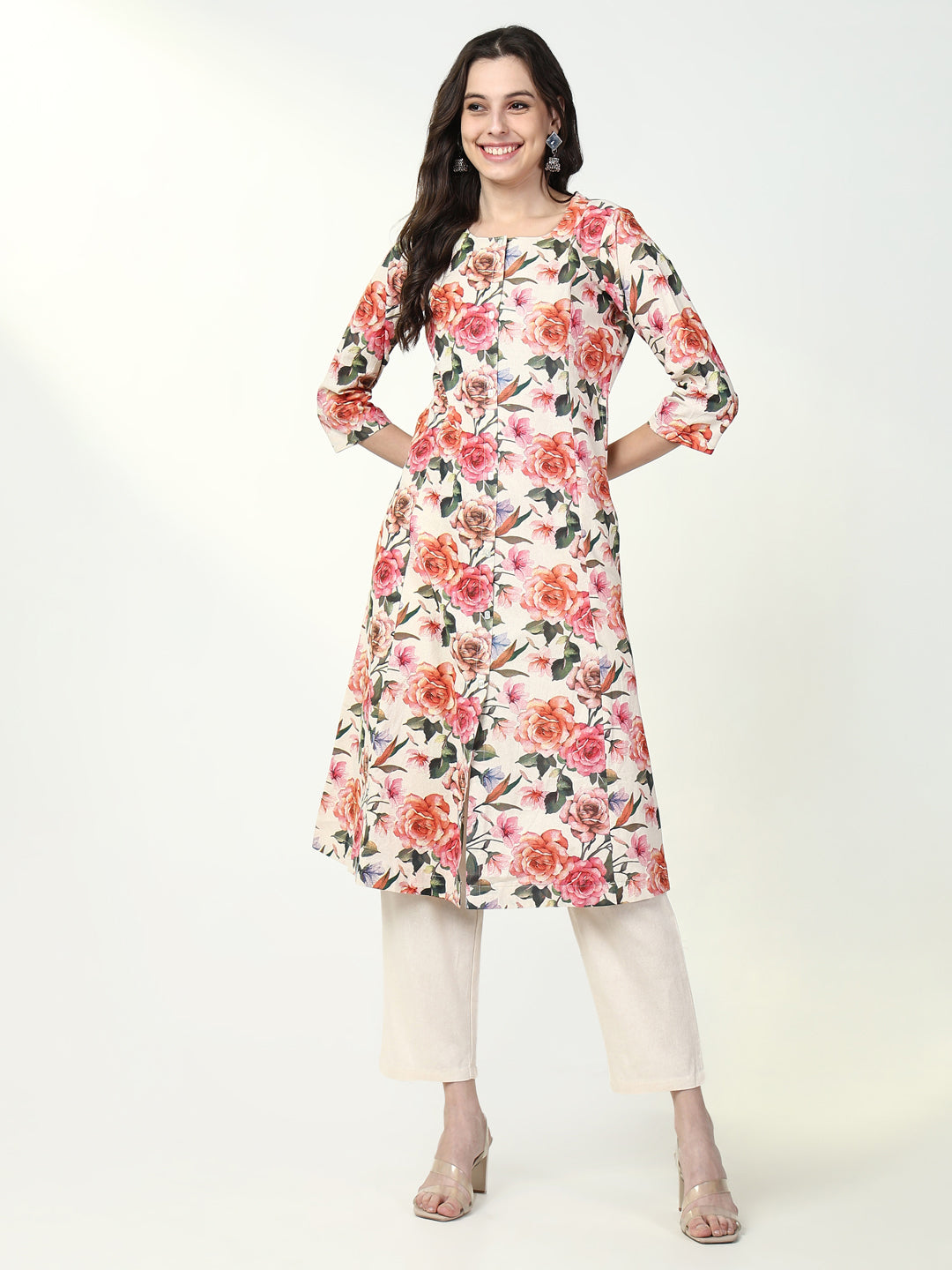 Women's Floral Orange A Line Kurta Set
