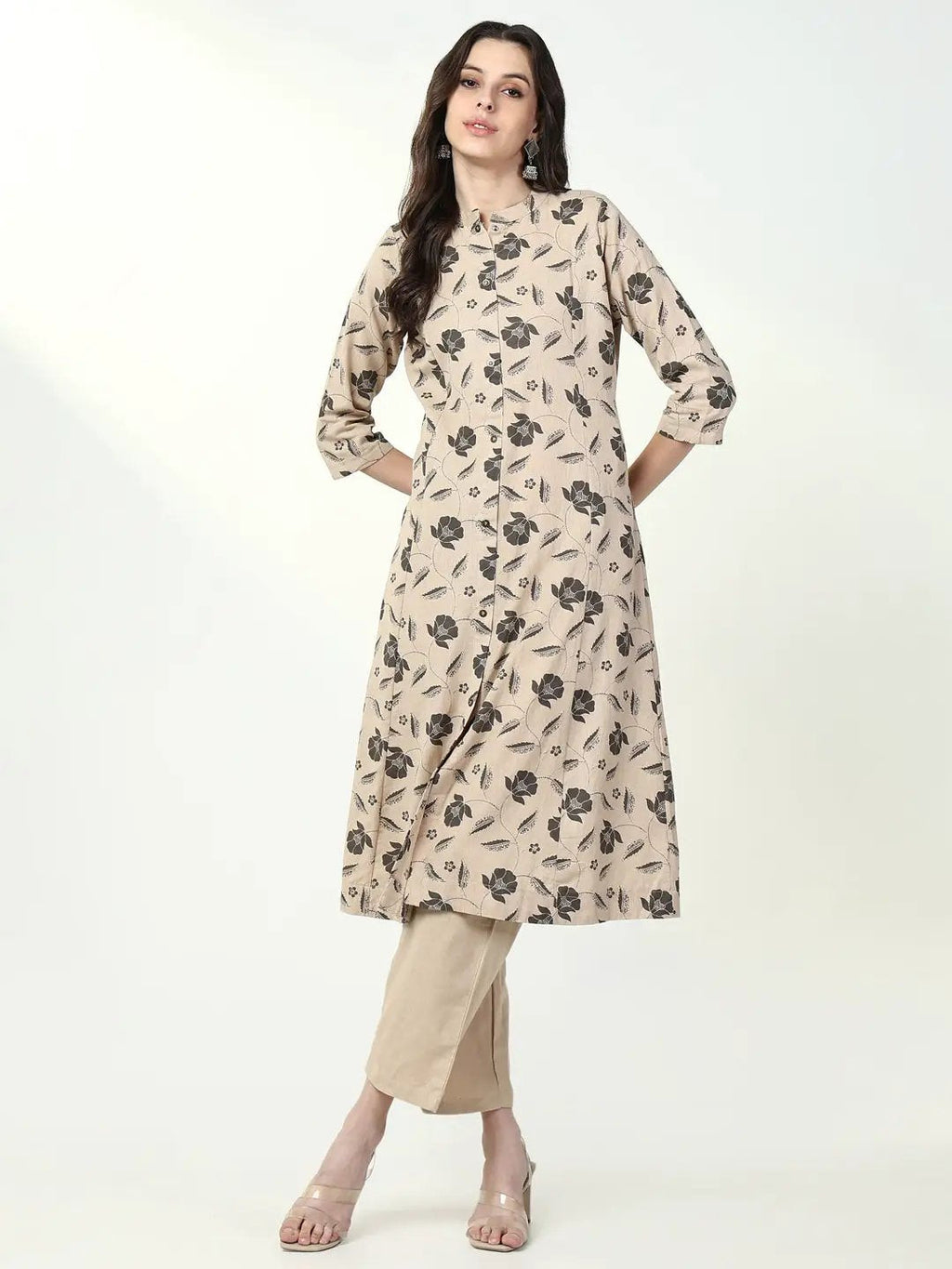 Women's Floral Beige Ethnic A Line Kurta Set