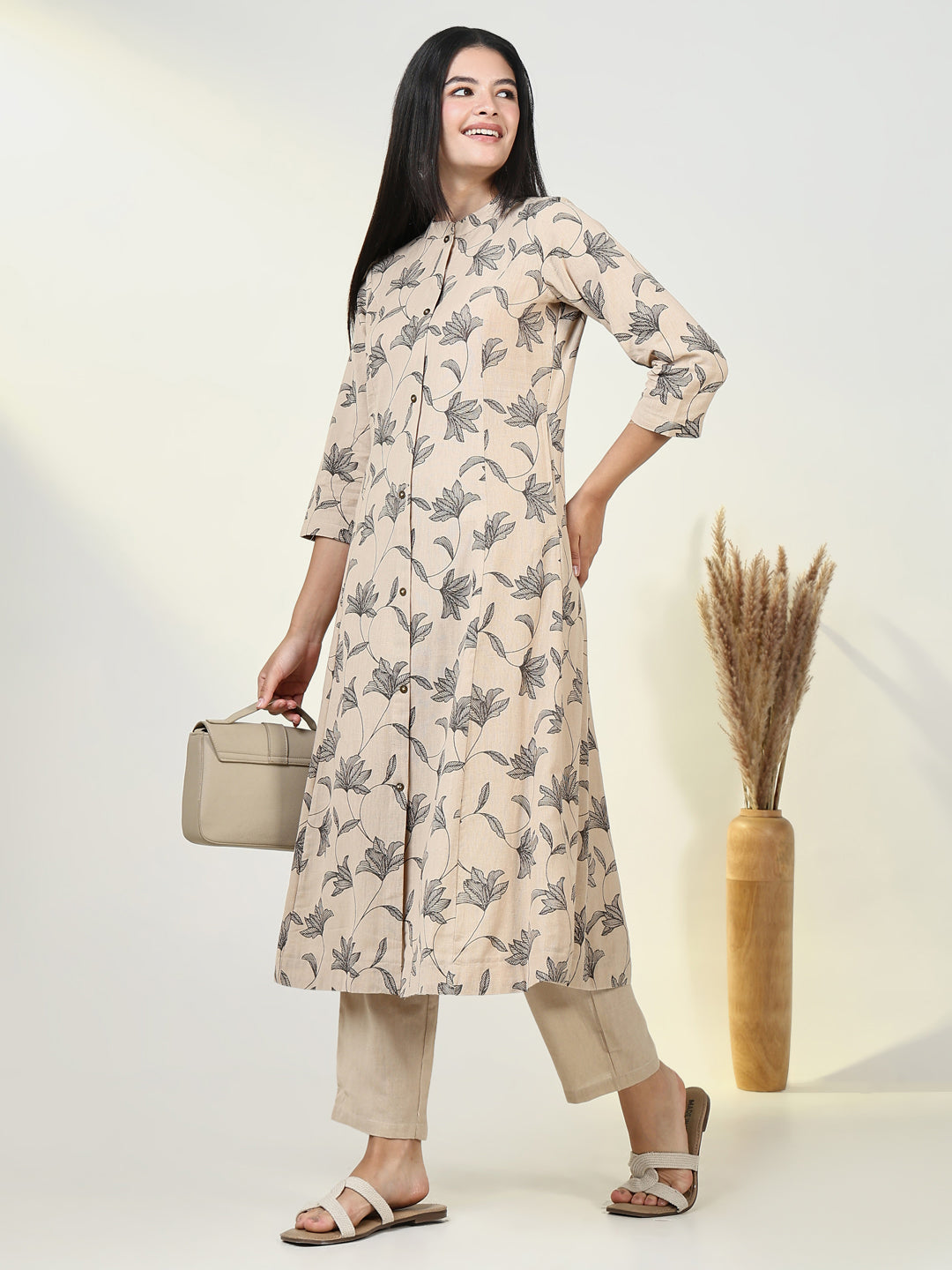 Women's Ethnic Floral Beige A Line Kurta Set