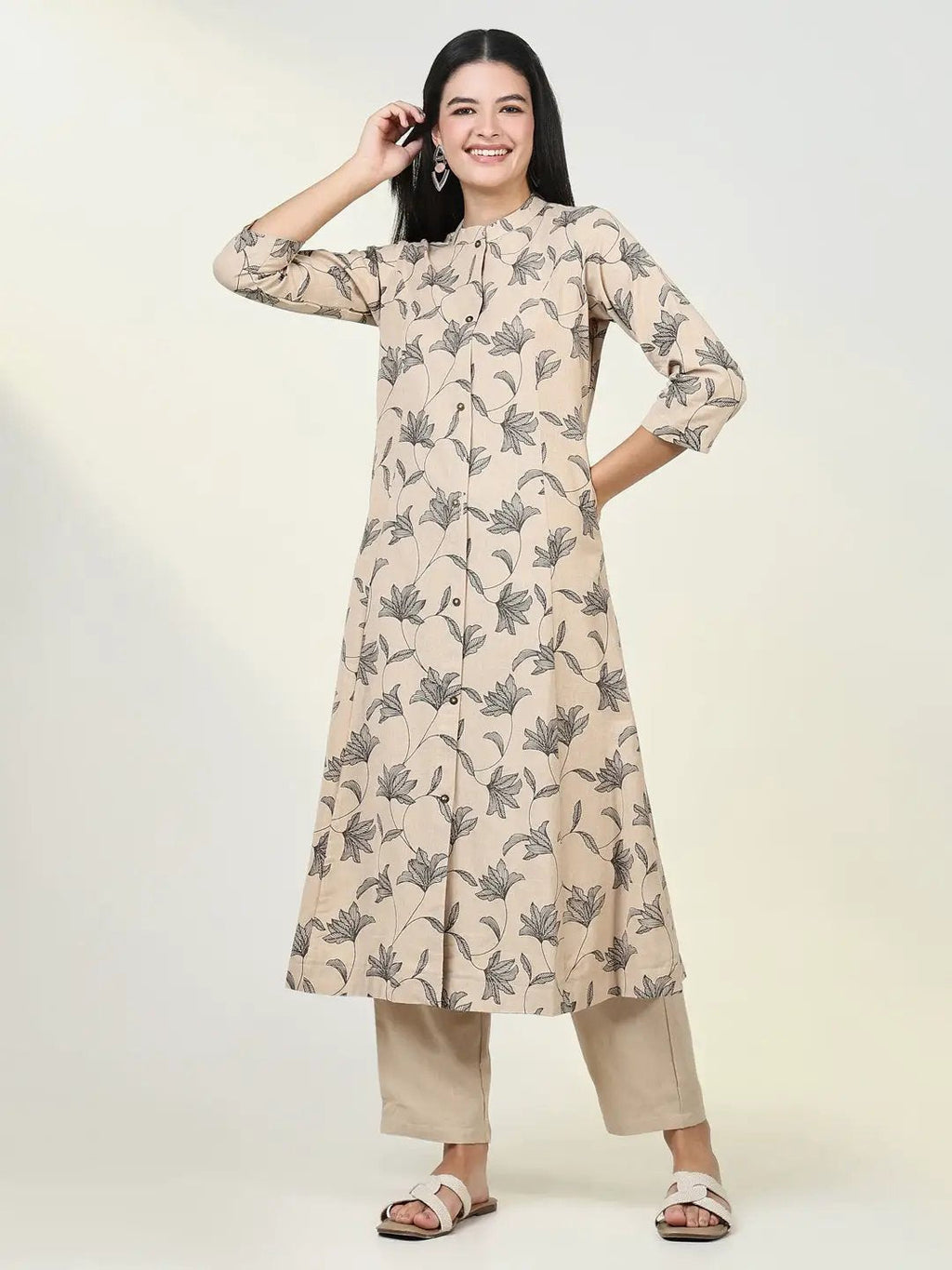 Women's Ethnic Floral Beige A Line Kurta Set