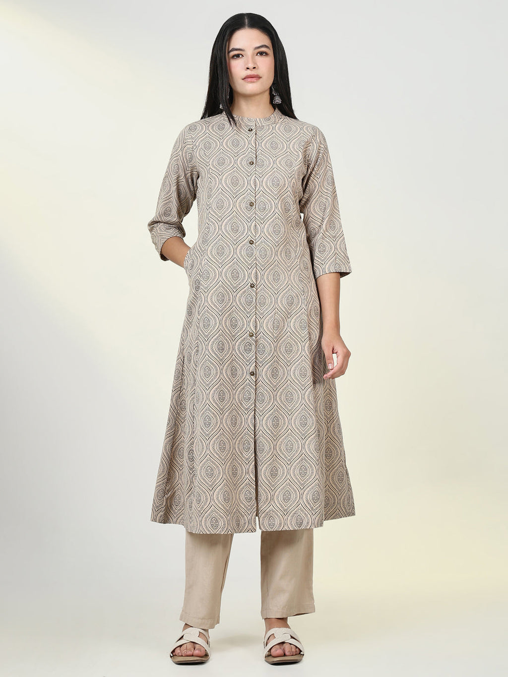 Women's Geometric Beige A Line Kurta Set