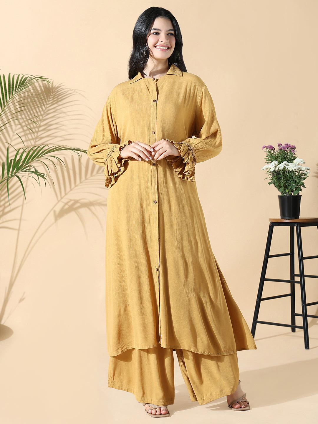 Women's Solid A-Line Mustard Full Sleeve Kurta with Palazzos
