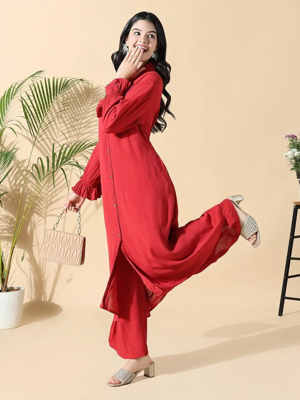 Women's Solid A-Line Red Full Sleeve Kurta with Palazzos