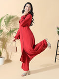 Women's Solid A-Line Red Full Sleeve Kurta with Palazzos