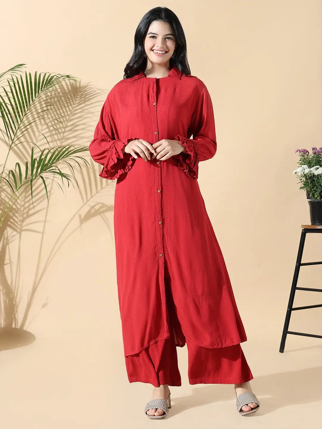 Women's Solid A-Line Red Full Sleeve Kurta with Palazzos