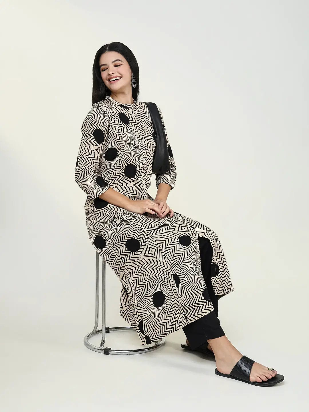 Women's Abstract Beige A Line Kurta Set