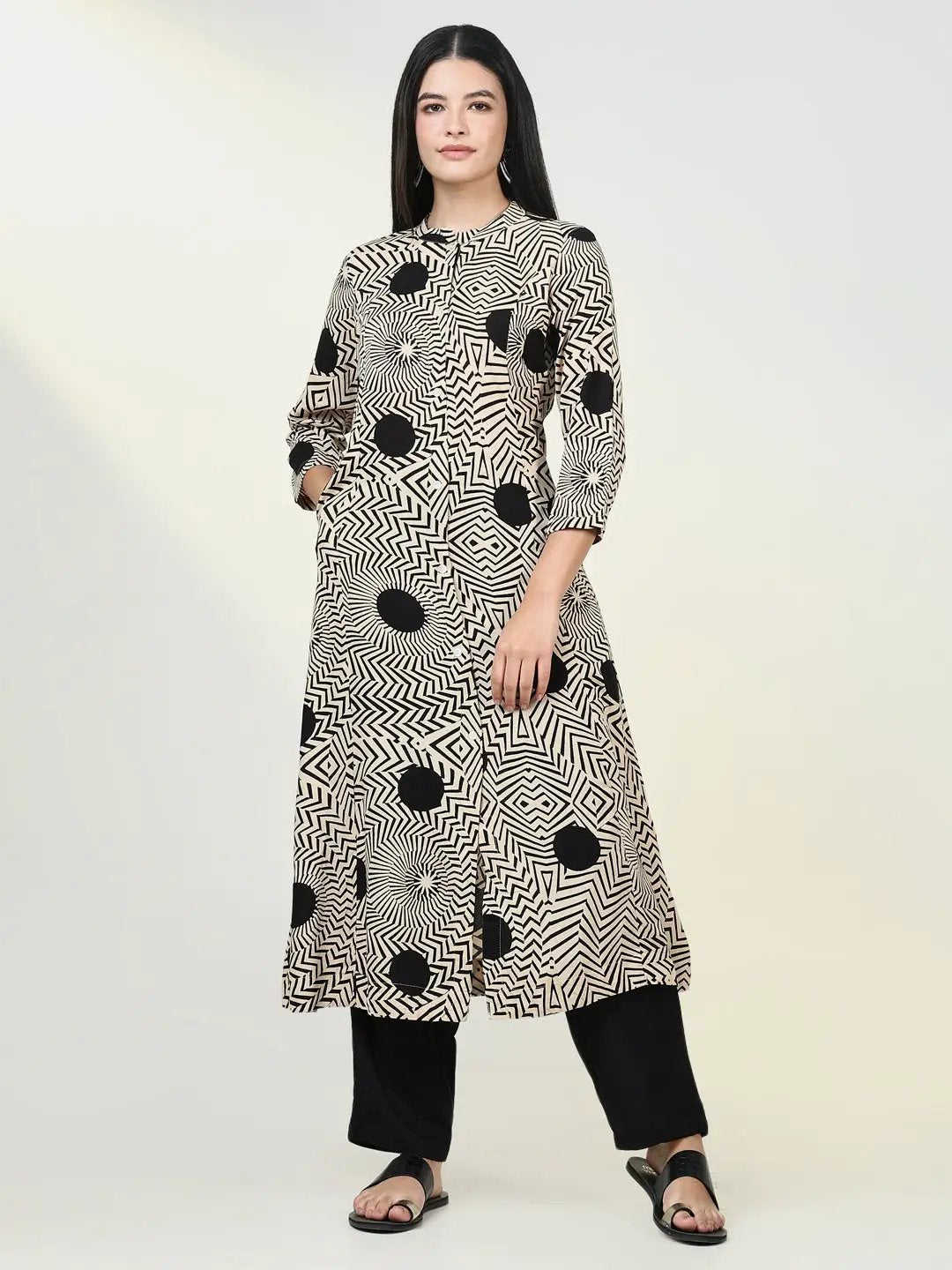Women's Abstract Beige A Line Kurta Set