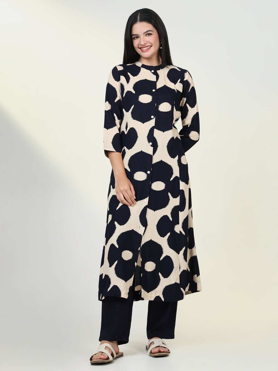 Women's Ethnic Floral Navy Blue A Line Kurta Set