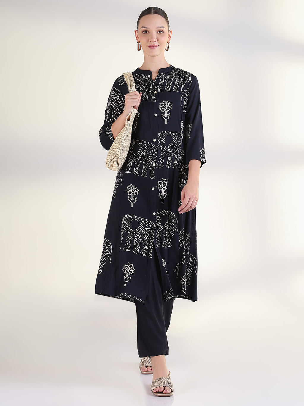 Women's Floral Navy Blue A-Line Kurta Set