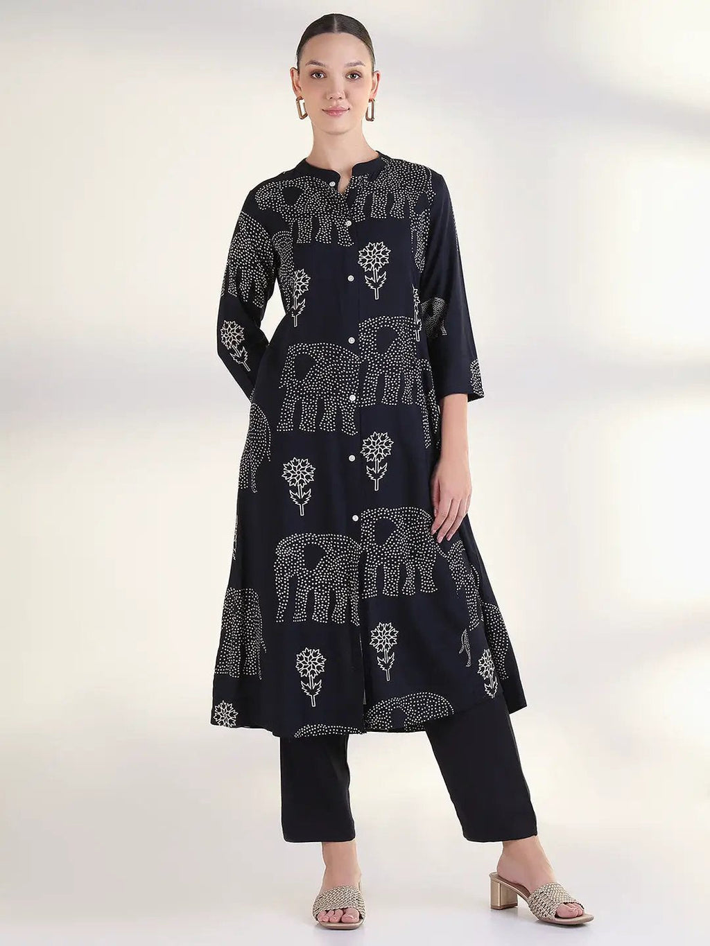 Women's Floral Navy Blue A-Line Kurta Set
