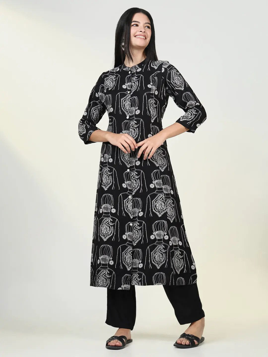 Women's Abstract Black A Line Kurta Set