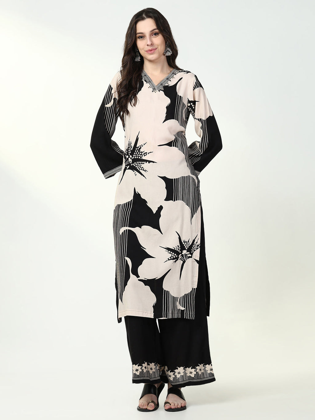 Women's Floral Black Ethnic Straight Kurta Set