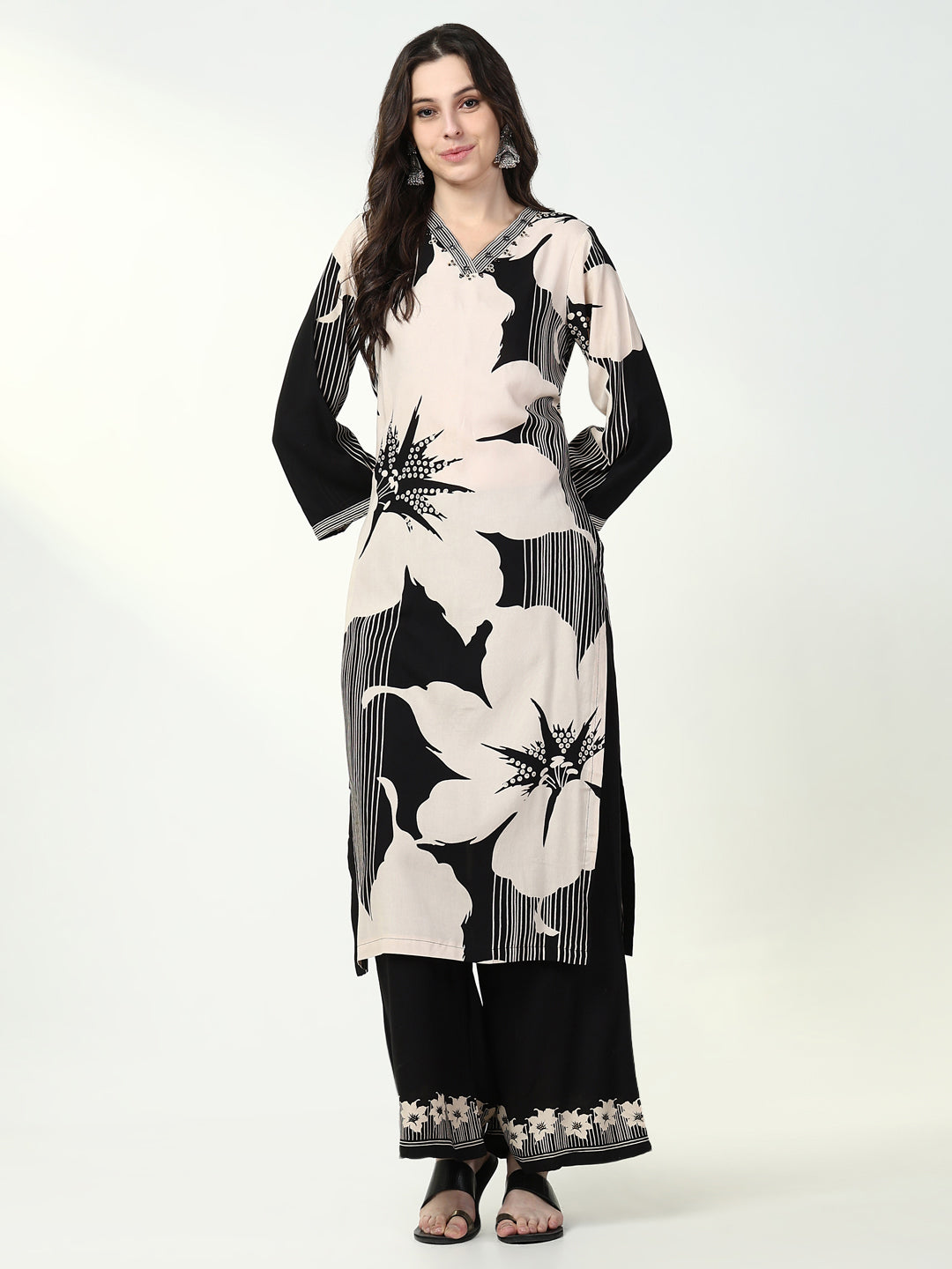 Women's Floral Black Ethnic Straight Kurta Set